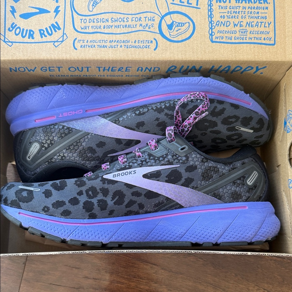 Brooks Ghost 14 Women's Athletic Shoes - Black and Purple Leopard Print